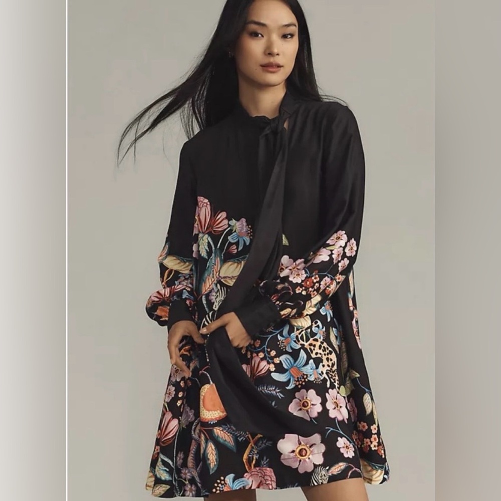 Anthropologie Tie Neck Caroline Black Floral Mini Dress Size S